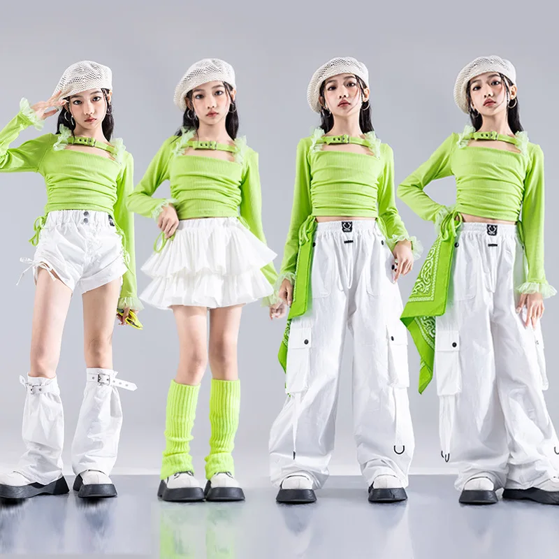 

Укороченный топ K-pop для девочек в стиле хип-хоп, брюки-карго для уличных танцев, многоуровневые юбки, детская уличная одежда, детские джазовые костюмы, комплекты одежды для болельщиков