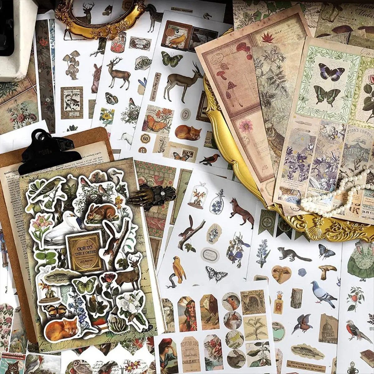 A20I Vintage Aesthetic Washi Stickers Paper for Scrapbooking, 40 Sheets Ephemera Book for Art Journaling,C