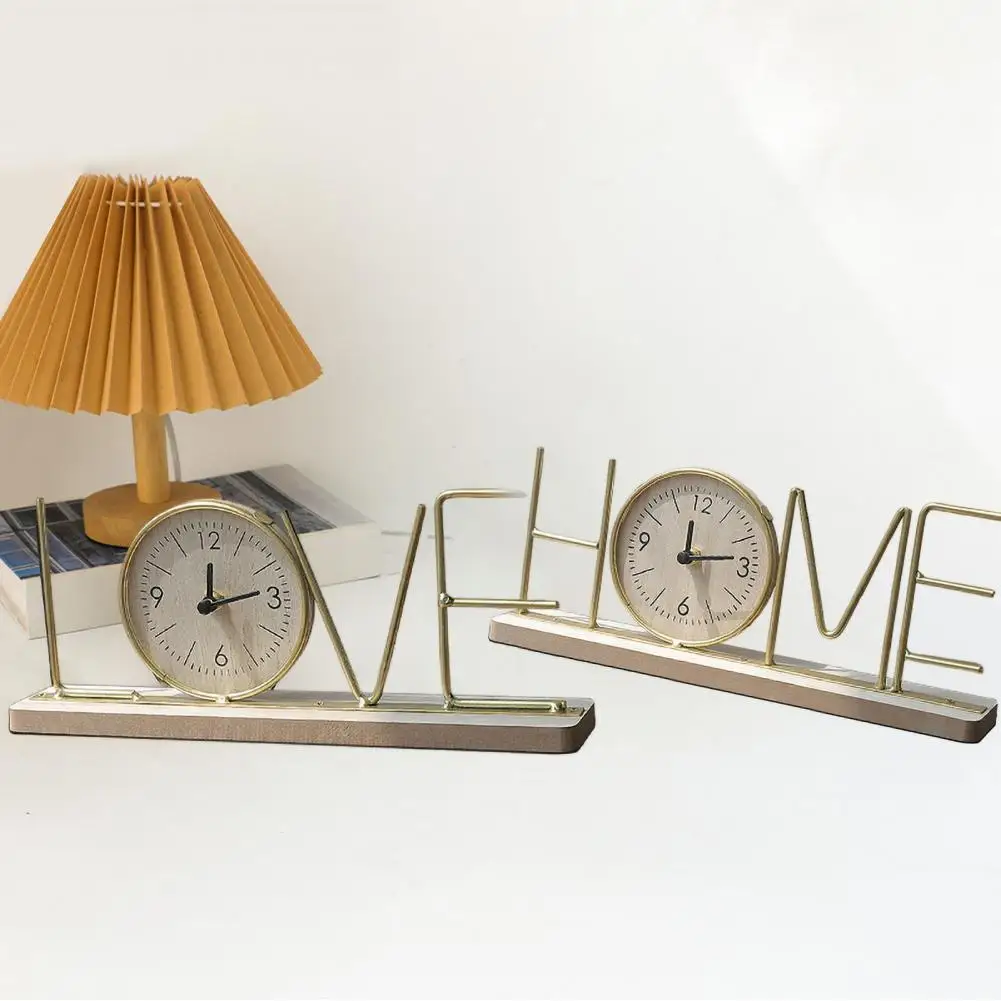 Silent Movement Digital Clock Modern Metal Love Home Clock with Wooden Base for Office Room Decor Non-ticking Silent Desktop