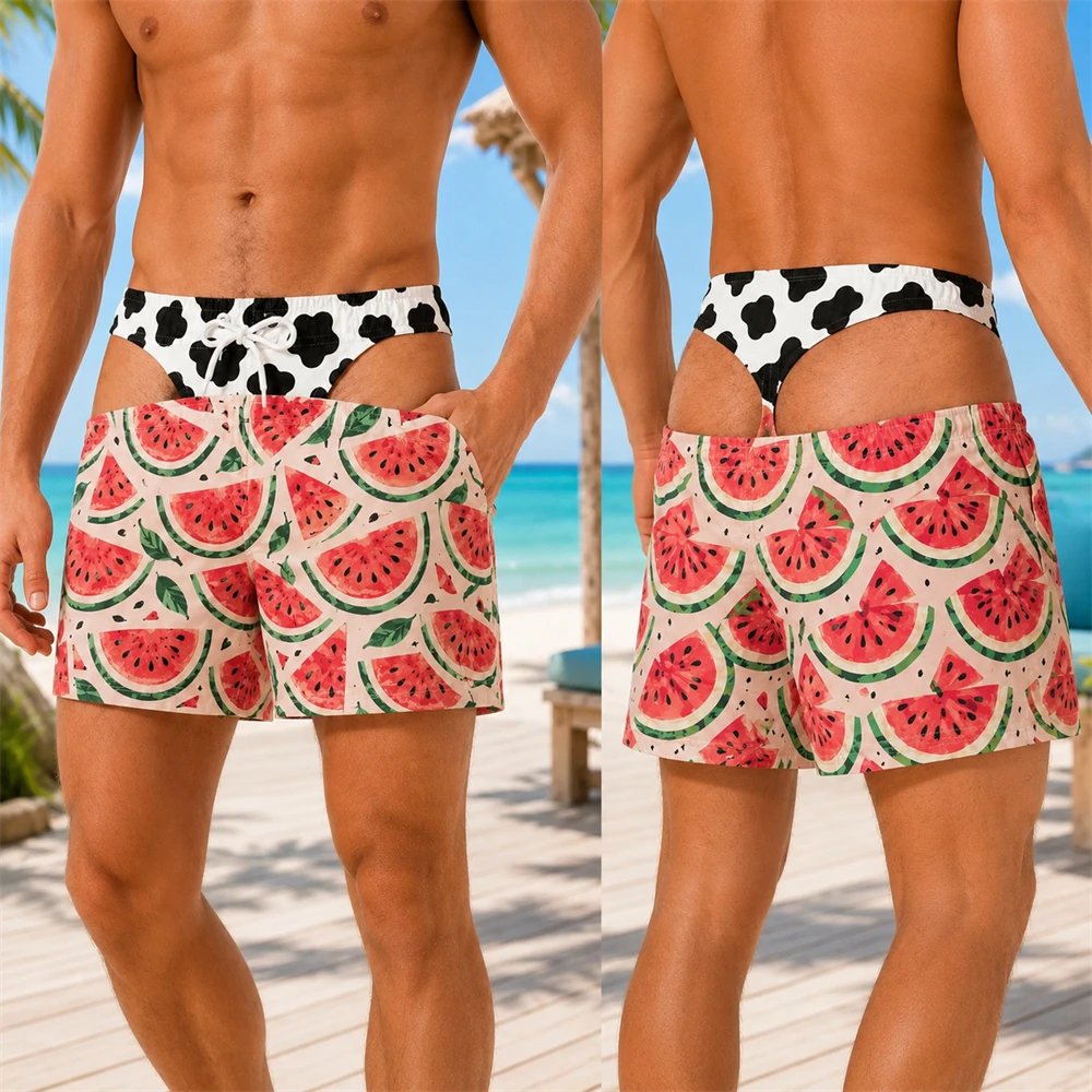 Lustige 3D-Druck Badehose mit Po-Muster im Frucht-Design für Männer, Humorvolles Scherzdesign für Strandpartys, Neuheit für Ehemann oder Freund – Detail 9