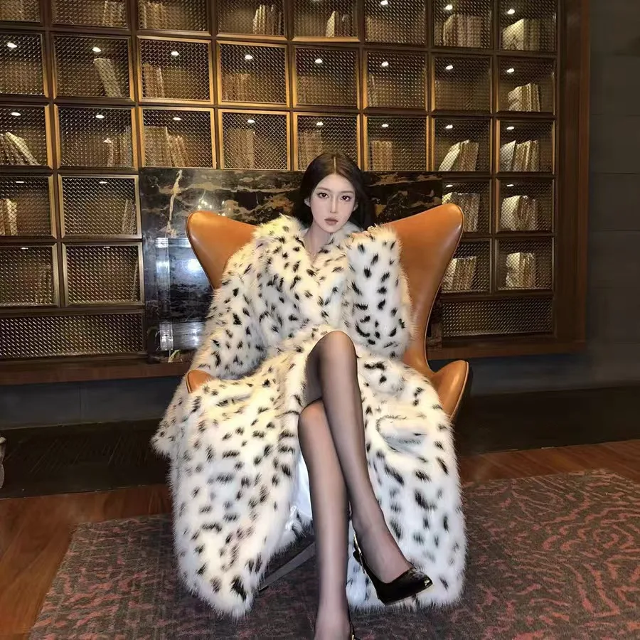 

Leopard Print Luxury Women Mink Fur Outwear Notched Collar Plush Lady Eco Fur Jacket Winter Long Warm Faux Fur Coat For Female