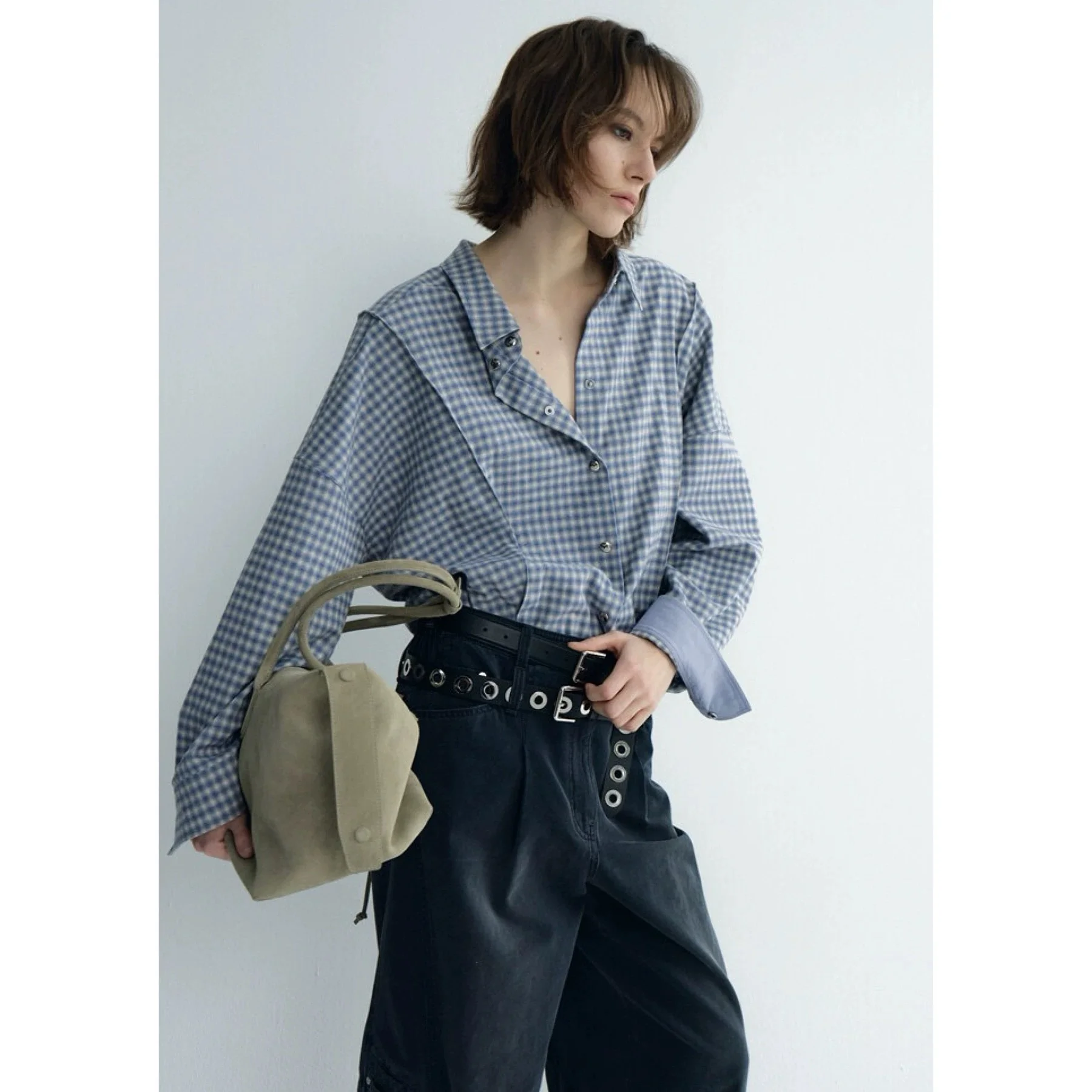 

TIM25 Autumn Lemon Cheese Faionable Loose Fit Plaid irt Asymmetric Design Collar Long Sve Commute Sle Women's S...