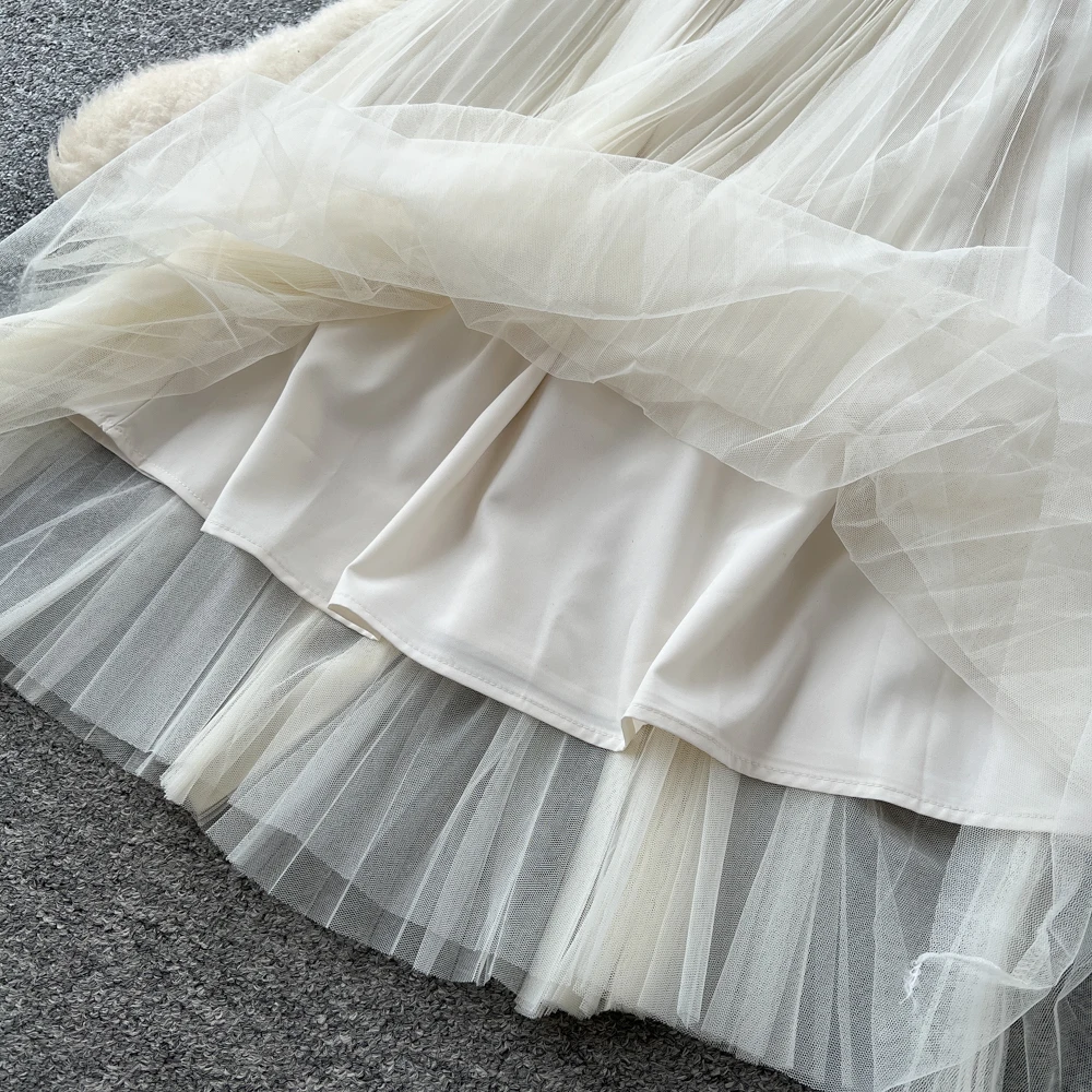 ชุดเดรสยาวแขนยาวผ้าตาข่ายสไตล์วินเทจสำหรับงานปาร์ตี้ แฟชั่นเกาหลี เสื้อผ้าผู้หญิง ชุดเซ็ตสองชิ้น