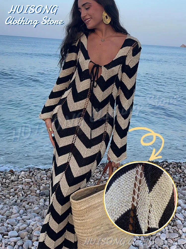 

Women Chic Contrasting Stripe Lace Up Knitted Dress Elegant Round Neck Full Sleeves Slim Long Dresses Autumn Lady Vacation Robes