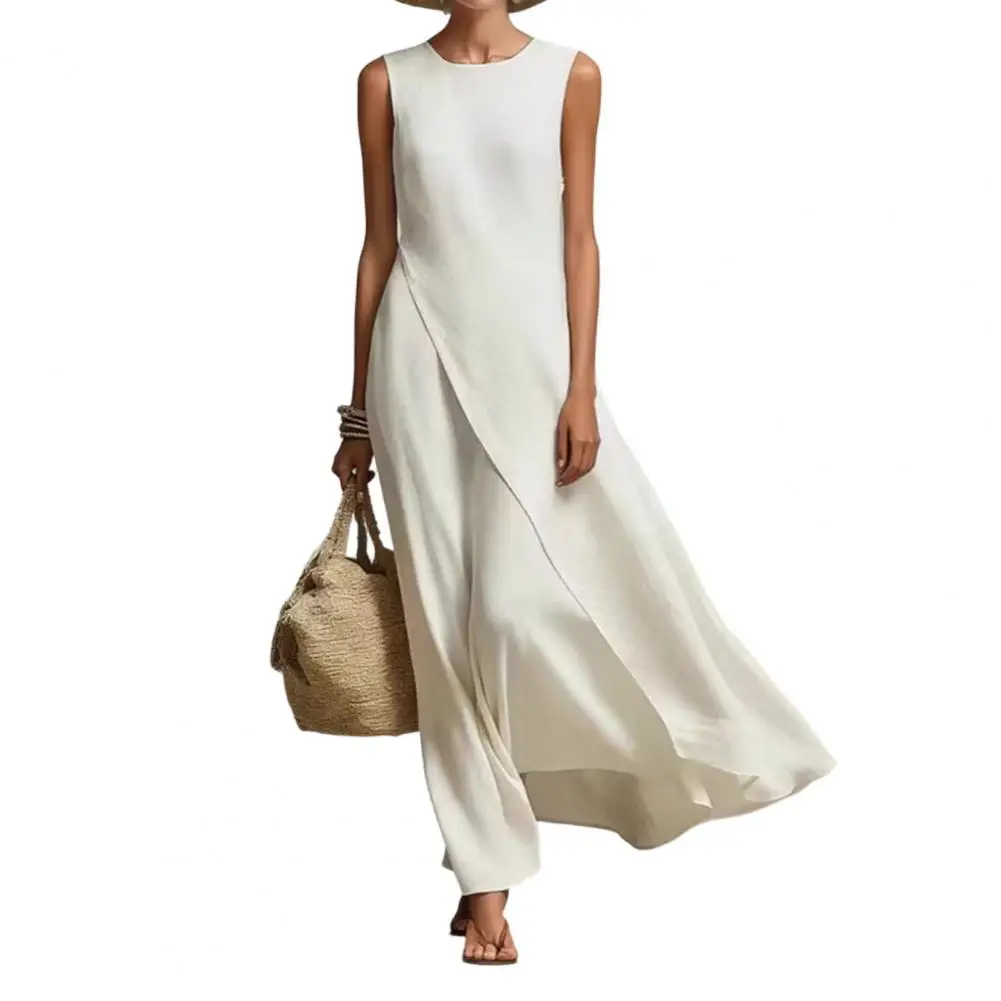 Kleid aus weichem Stoff, Damenkleid aus Baumwolle und Leinen, Sommerkleid mit unregelmäßigem Saum, lockeres Sommerkleid für den Strandurlaub, langes Kleid mit Rundhalsausschnitt