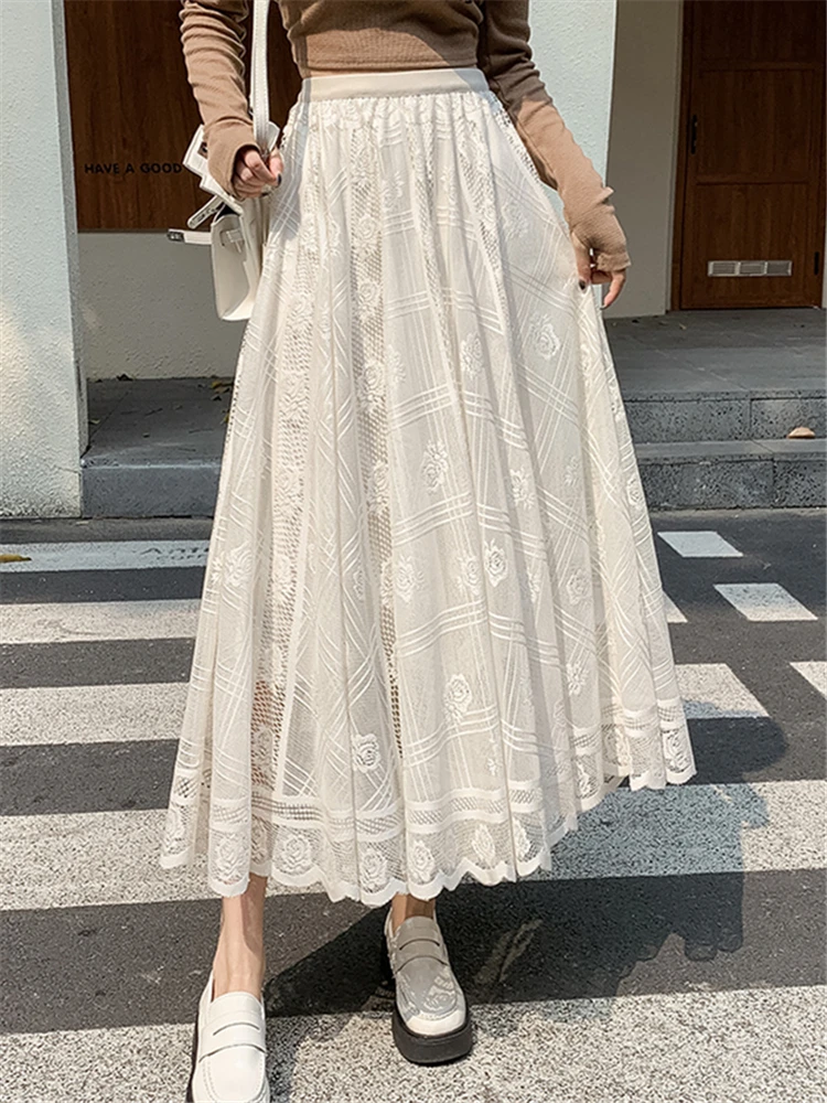 Seoulish กระโปรงถักโครเชต์ลูกไม้เอวสูงสำหรับผู้หญิงกระโปรงยาวทรงร่มสไตล์เกาหลีสำหรับใส่ในงานเลี้ยง2023ใหม่