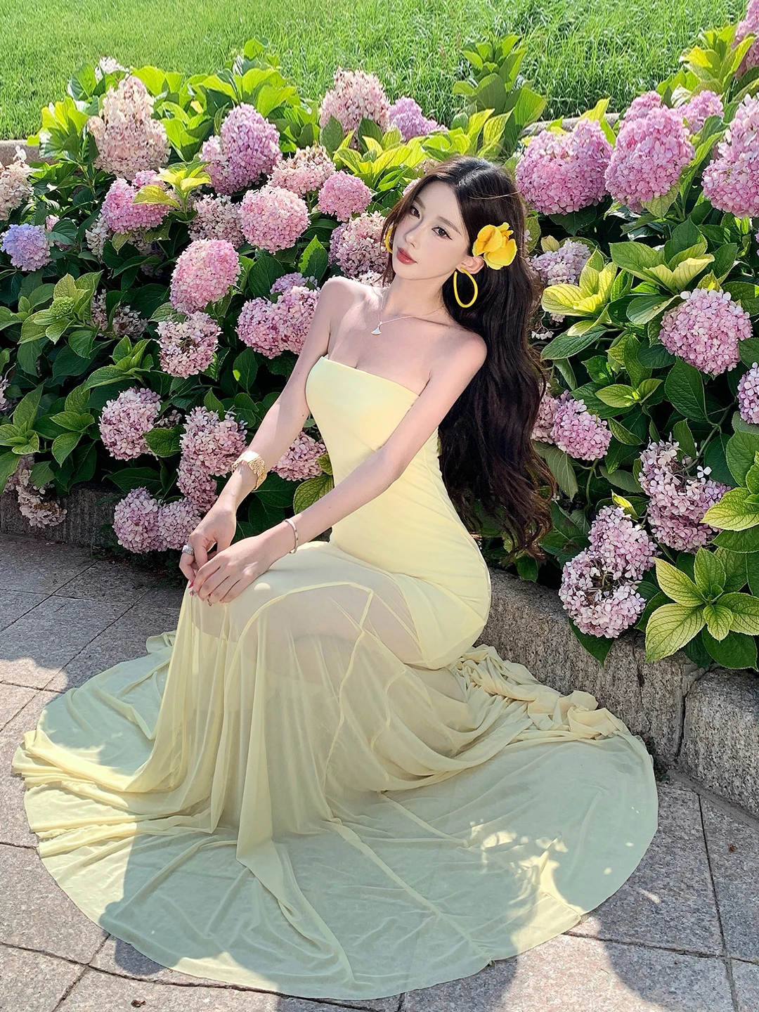 

Желтая длинная юбка-труба для похудения, пляжная, облегающая, с завышенной талией, мягкая, высокоэластичная, летняя