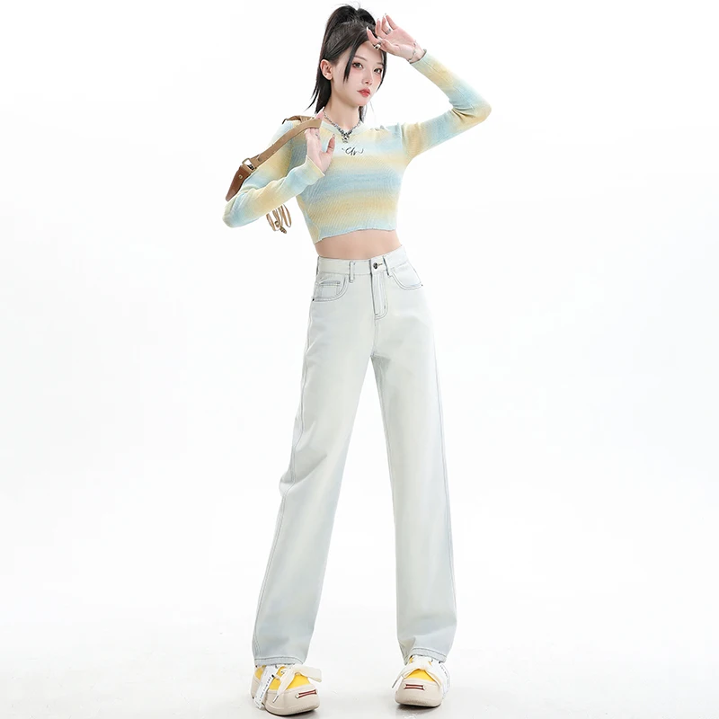 

2025New niche design fashionable narrow wide-leg pants in moonlight blue, women's high-waisted slimming loose-fitting jeans