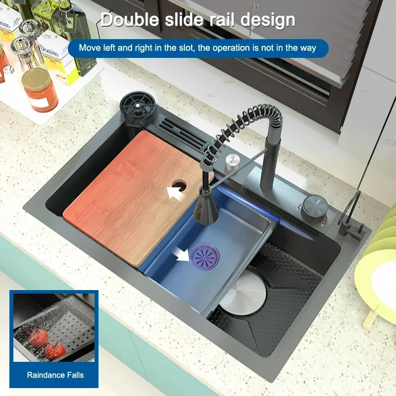Stainless Steel Spring  Waterfall Sink  Embossed Kitchen Sink Large Single Slot Washing Basin Dishwasher Pond on Sale