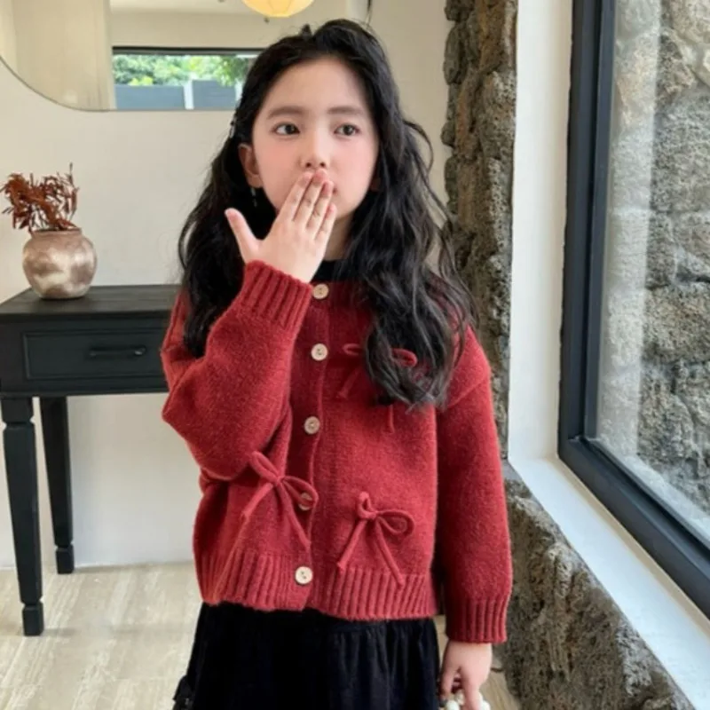 

Рождественский вязаный кардиган для девочек, красный популярная верхняя одежда для детей среднего и большого размера, праздничный праздничный свитер премиум-качества