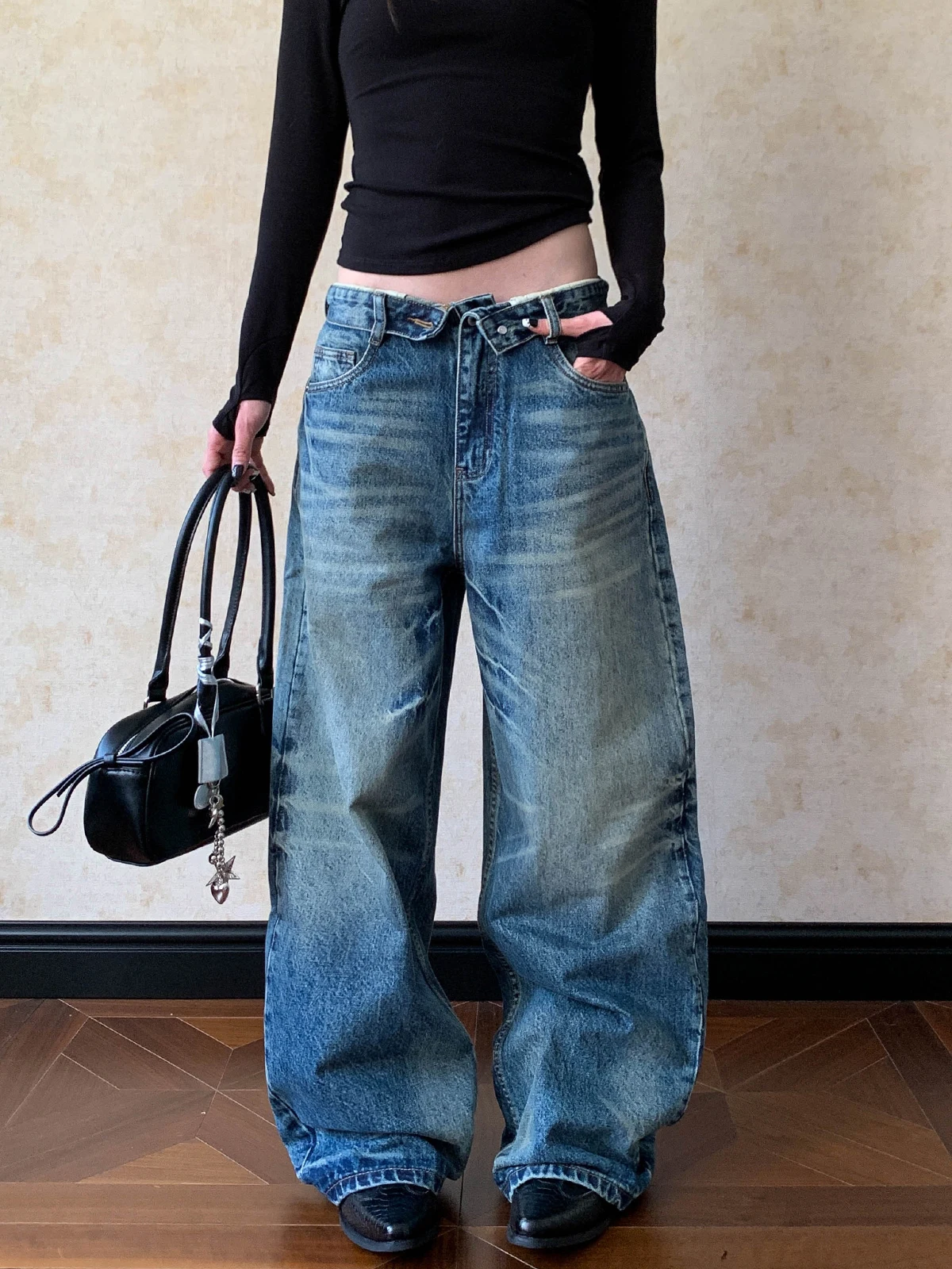 

Джинсы женские Aket American High Street Waed Blue Cuffed Knife Denim, с эффектом потертости, широкие штанины, модные