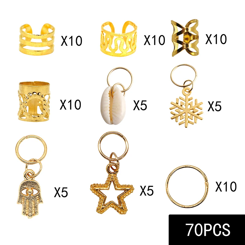 70pcs Gold Hair Ring Braid Dreadlocks Bead Hair Cuffs Dread Tube Charm Dreadlock Accessaries Extension Styling Tool