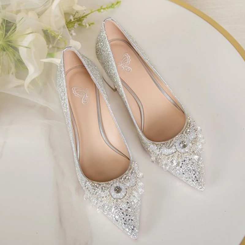 White Wedding Shoes Women\'s New Bride Sequins 2023 Thick Heels Pregnant Women Wedding Dress Crystal Buckle Lady Party Pumps