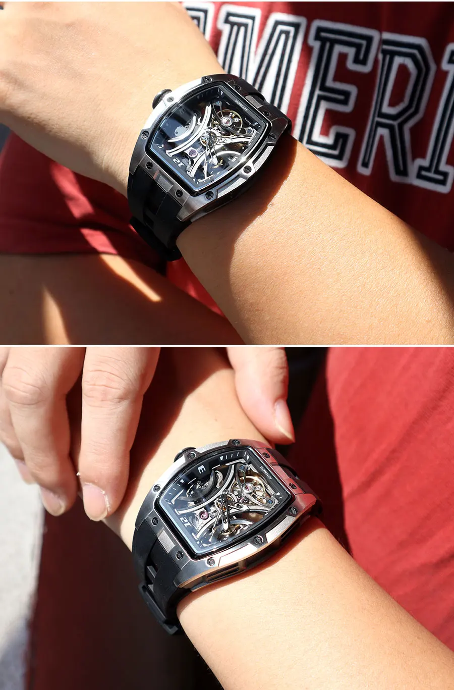 MEGIR Sport-Stil, automatische mechanische Uhr für Herren, voll hohl, transparentes Zifferblatt-Design, Edelstahlgehäuse, Silikonarmband – Detail 12