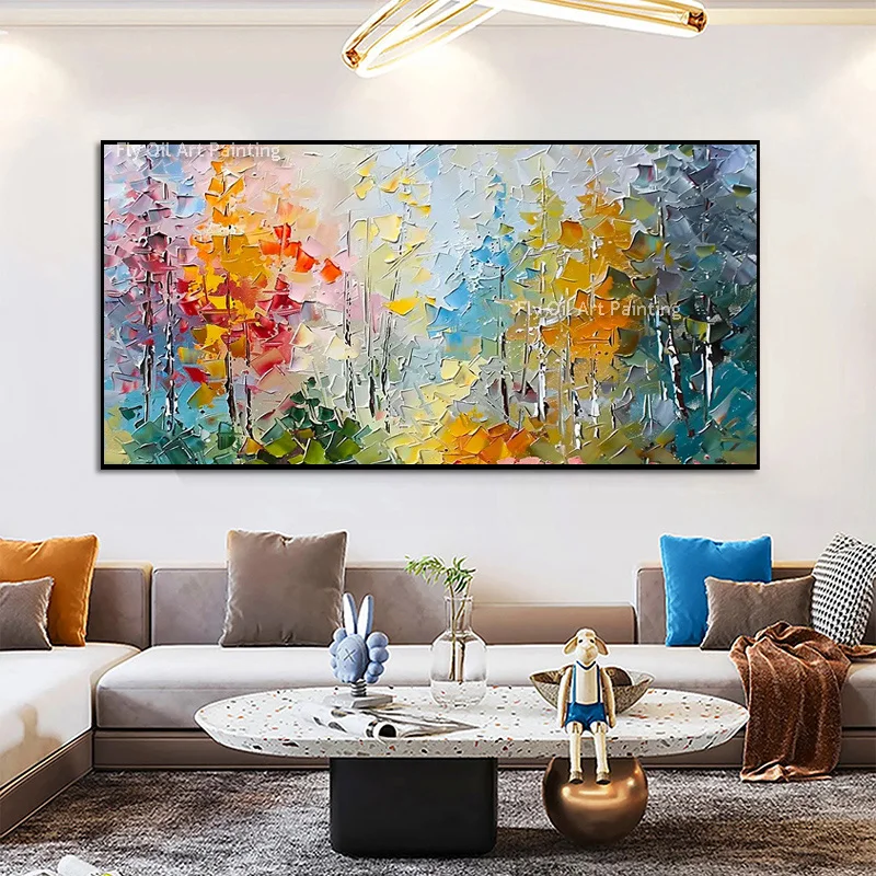Hand‑Painted Rainbow Forest Landscape Oil Art, Heavy Textured Impressionist Autumn Tree Canvas Decor for Cheerful Home