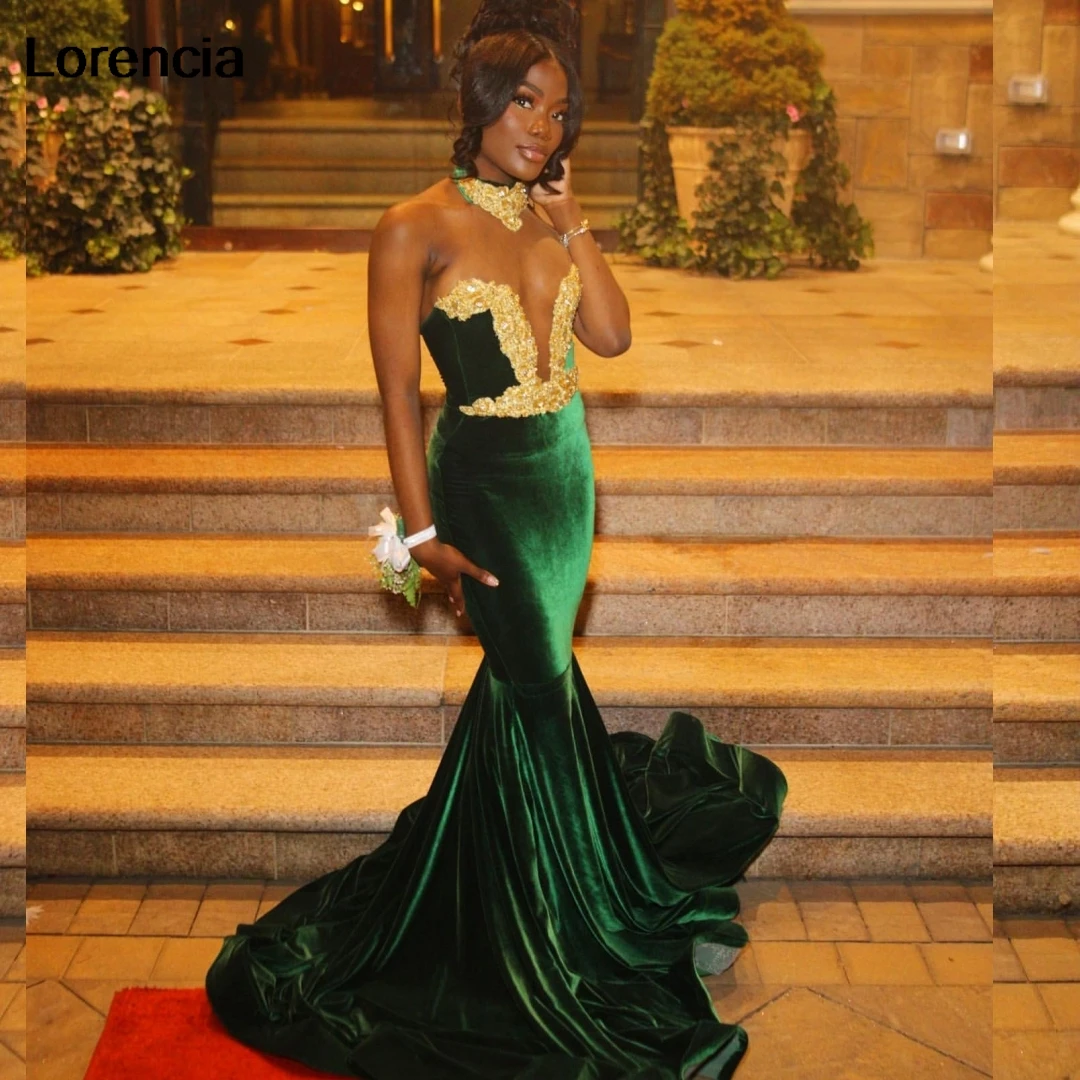 Customized Green Velvet Mermaid Prom Dress For Black Girls 2024 Gold Lace Crystal Beaded Party Gala Gown Robe De Soiree YPD131