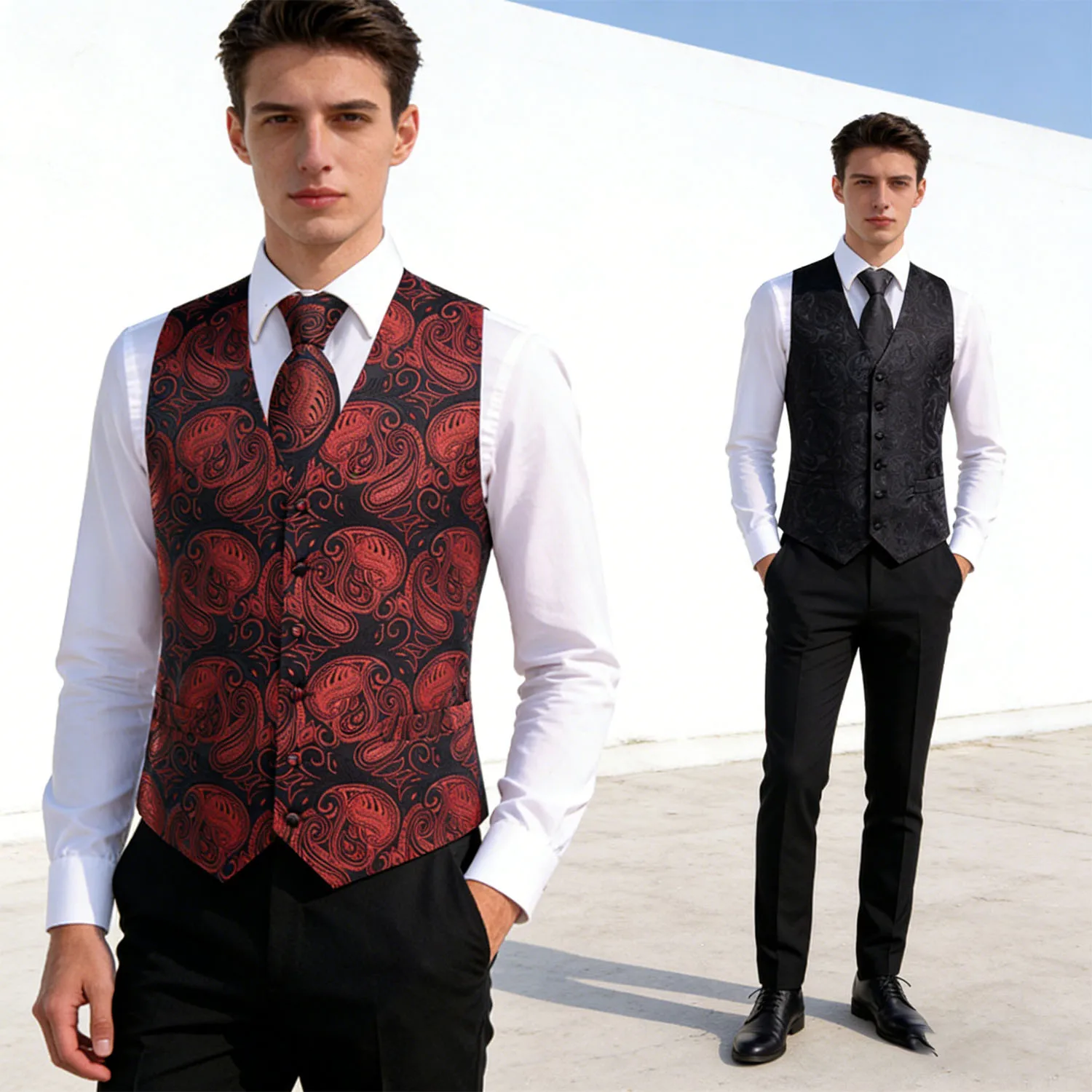 

Мужской комплект: жилет, галстук, платок и запонки с узором пейсли, цвет винный черный – Жаккардовый набор для официальных мероприятий, свадеб, вечеринок, подарок