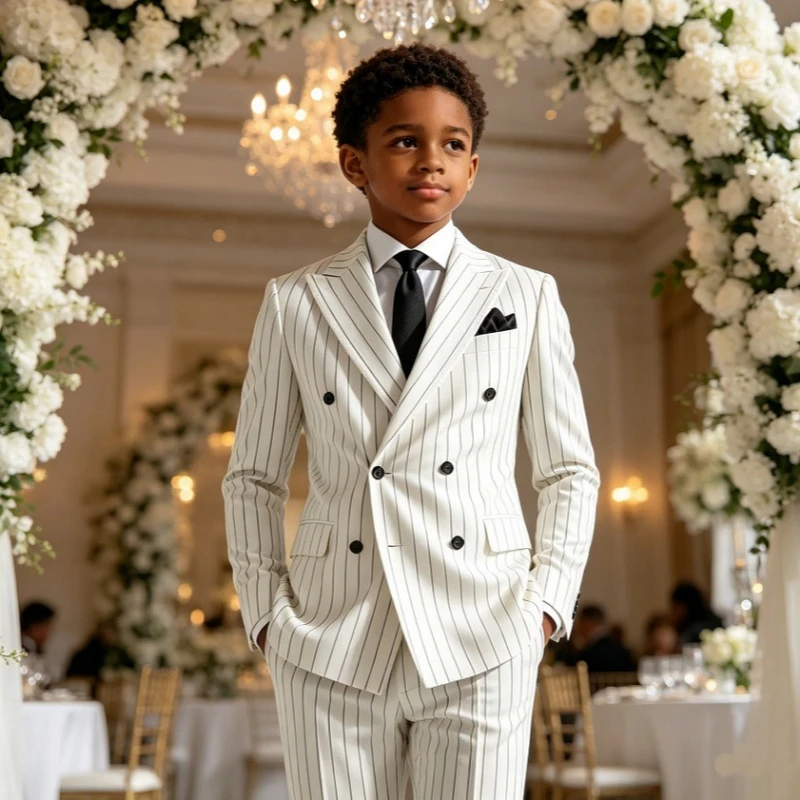 White Stripe Double Breasted Suit for Boys 2 Pieces Slim Fit Kids Peak Lapel Kids Tuxedo Jacket Pants Wedding Page Boy Outfit