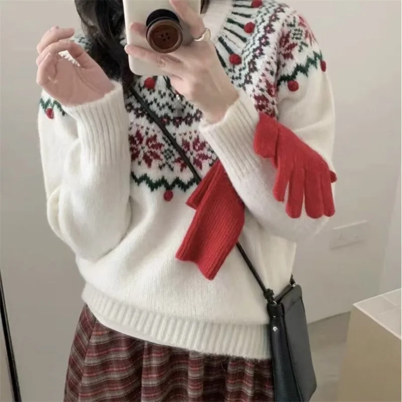 

Women Knitting Sweater 2025 Autumn Winter Women's Retro Sweater Round Neck Jacquard Slim Fit Lazy Vibe Versatile Knit Pullover