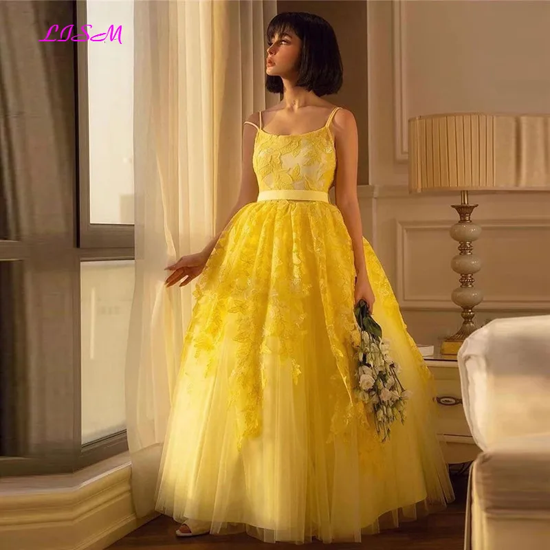 

Bright Yellow Tulle Ball Gown Prom Dresses Lace Floral Spaghetti Straps Homecoming Dress Ankle Length Party Formal Gown