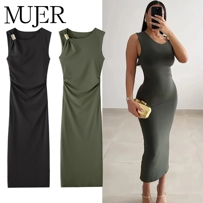 MUJER 2025, plissiertes Midikleid für Damen, figurbetontes langes Kleid, asymmetrisches Urlaubskleid für Damen, ärmellose Abendkleider