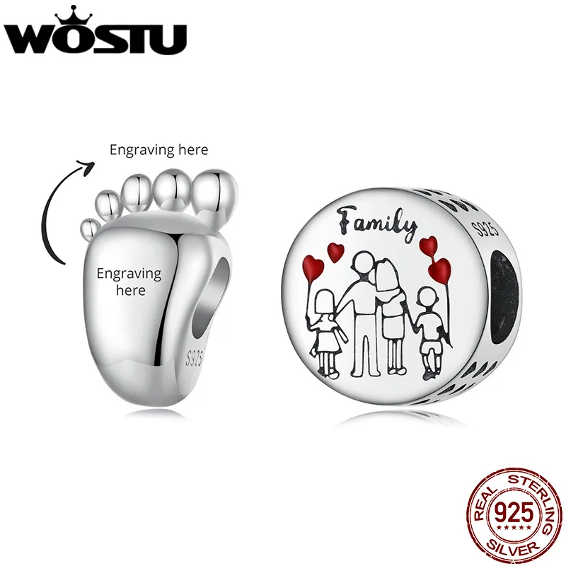 WOSTU 925 Sterling Silver Love Family Beads Footprint Customizable Charms Fit Original Bracelet DIY Necklace Jewelry Making