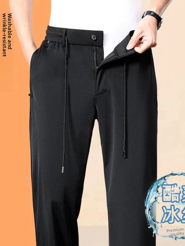 

Silk Wide Leg Pants Men Summer Thin Loose Sports Ice Silk Smooth Casual Pants mid Waist Straight Leg Trousers for Middle-Aged