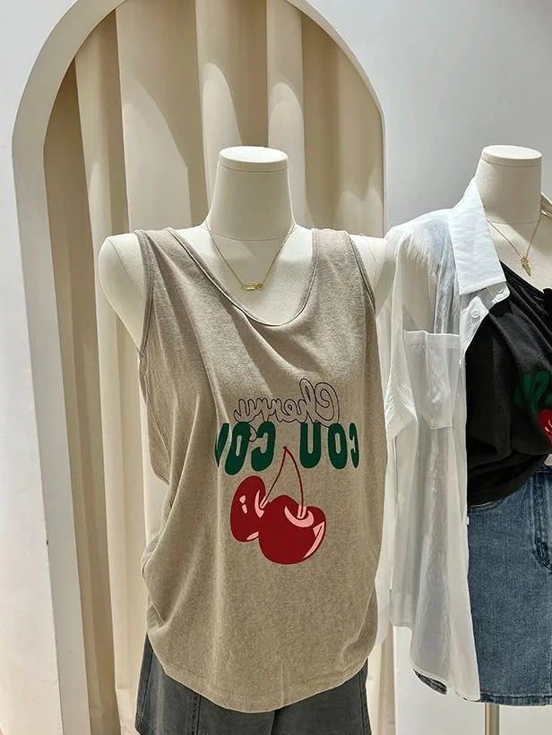 

Женский летний повседневный топ без рукавов больших размеров, свободного кроя, с вишнёвым принтом, в корейском стиле, для ношения как верхняя одежда или как нижний слой, майка-жилетка