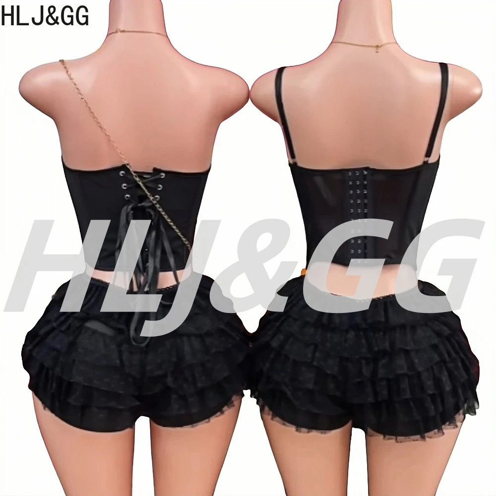 HLJ & GG 블랙 섹시한 오프 숄더 붕대 코르셋 투피스 세트 여성 슬림 크롭 탑과 레이스 프릴 미니 스커트 의상 streetwear