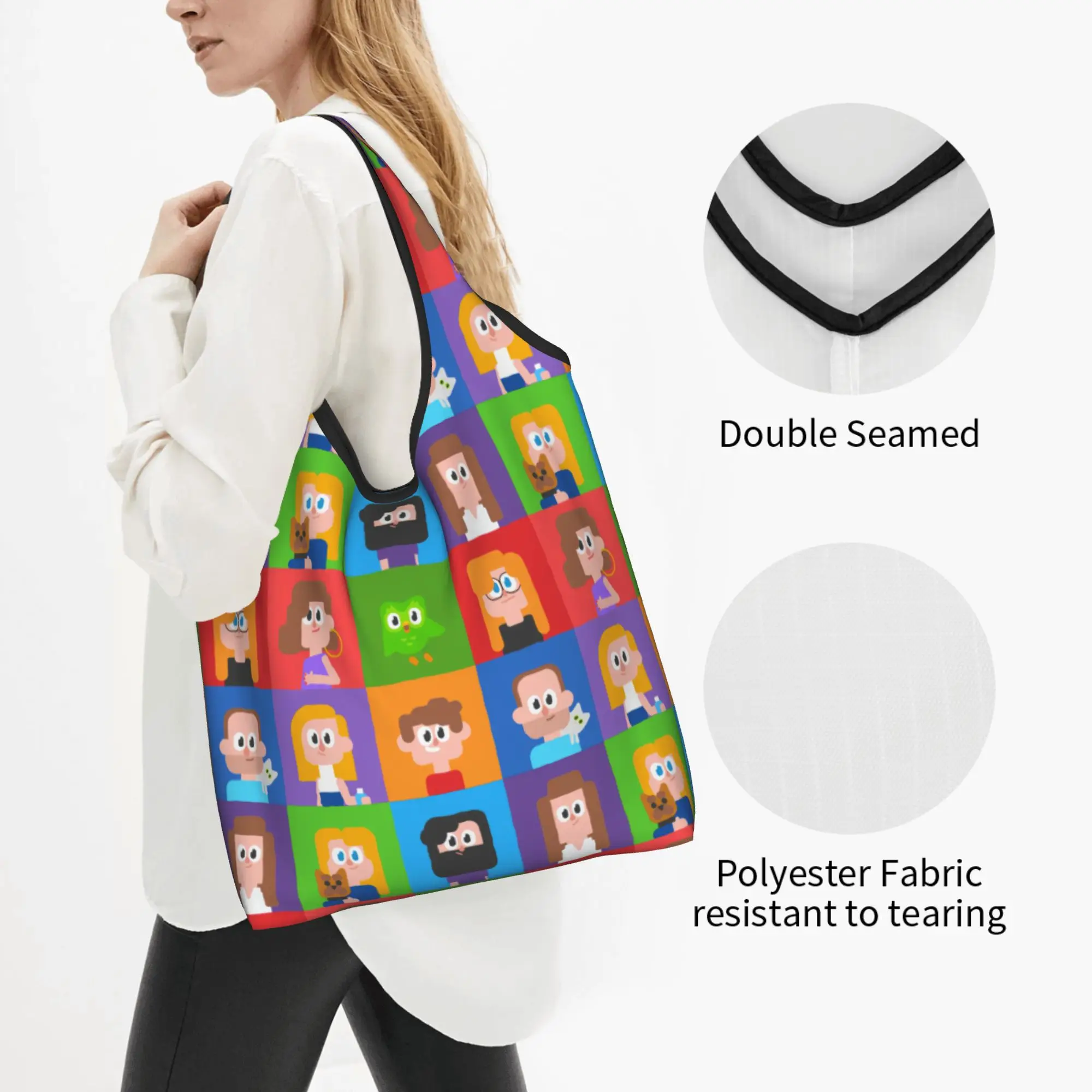 Cute Cartoon Duolingos Educational Parrot  Groceries Shopping Tote Bag Women Fashion Shoulder Shopper Bag Large Capacity Handbag