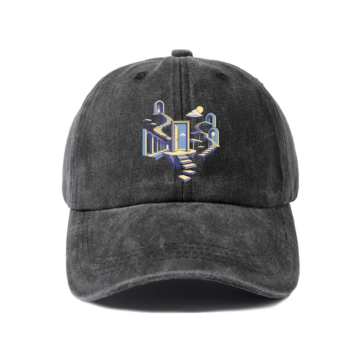 Abstract City Geometry Graphic Baseball Cap, Vintage Washed Adjustable Unisex Dad Hat, Casual Gift