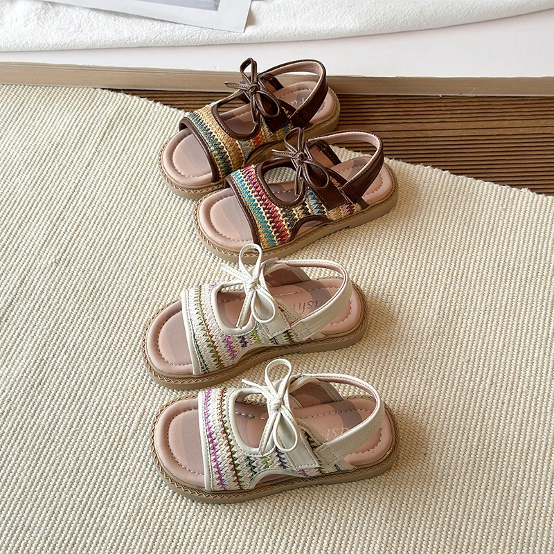 

Girls Bow Knot Sandals Kids Summer Woven Strap Shoes Soft Sole Casual Beach Sandals for Children Outdoor Anti Slip Flats Shoes