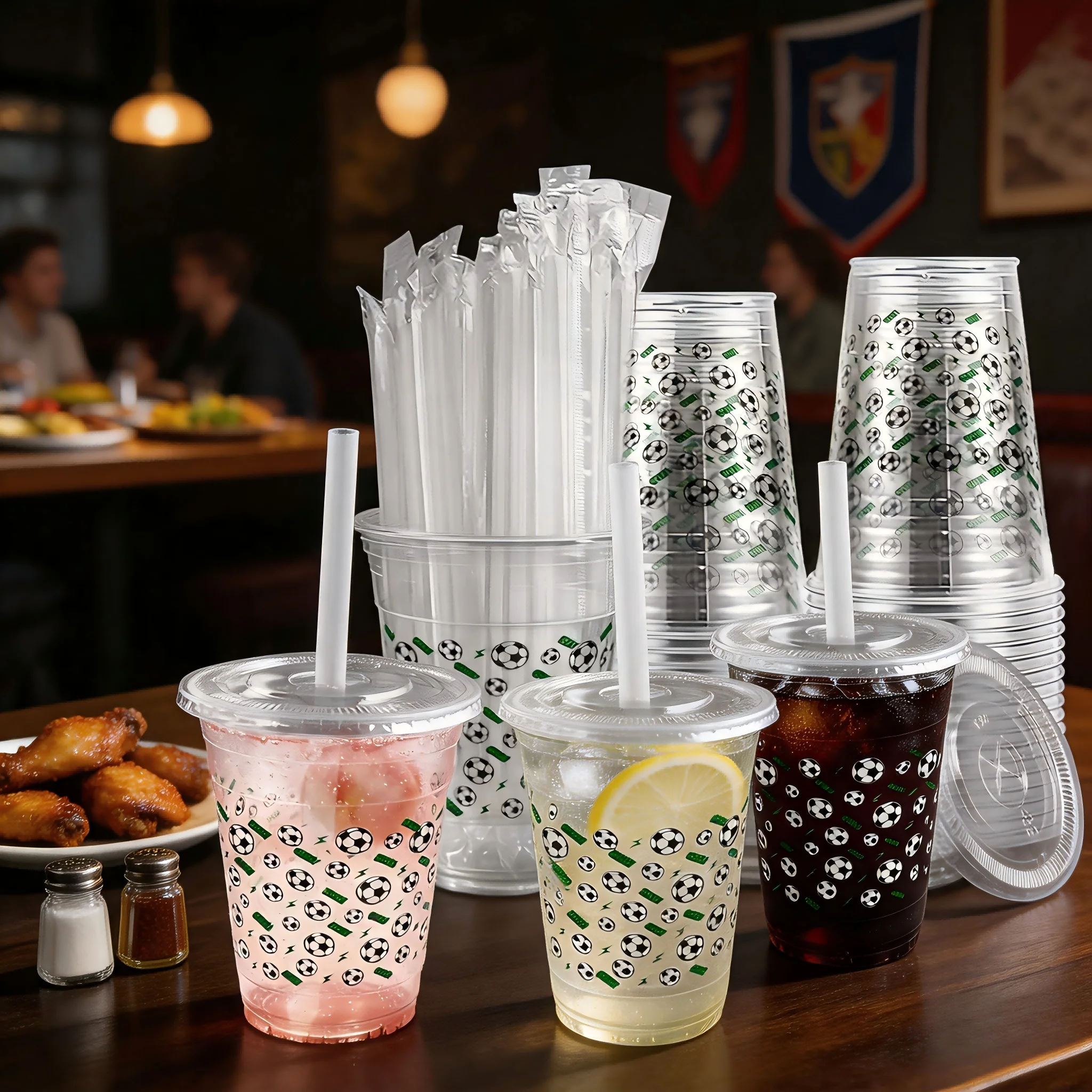 100 Sets Clear PET Reusable Cold Drink Cups with Straws, 16oz Soccer Printed Plastic Tumblers, Freezer-Safe Only For Cold Beverages, Ideal For Iced Coffee, Smoothies, Soccer Themed Parties, Holiday Gatherings & Fan Events