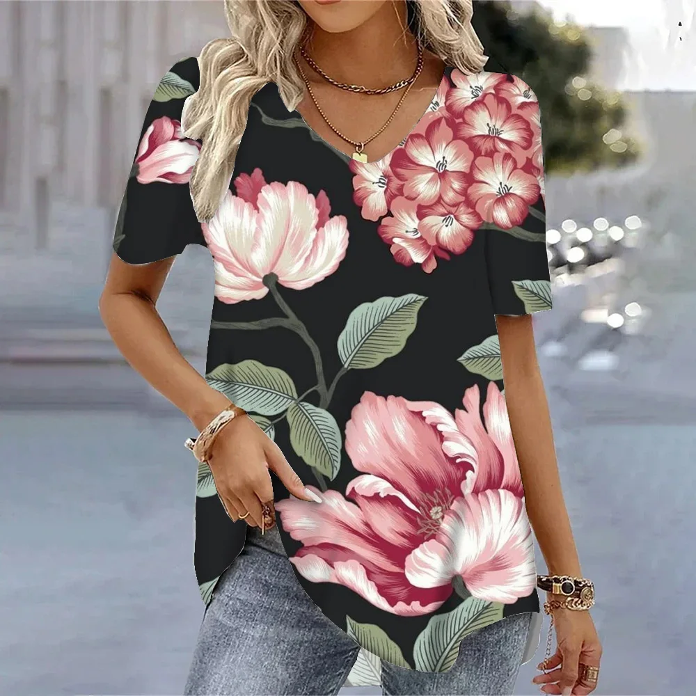 Women's T shirts Tee Floral Printed Daily Weekend Vintage Short Sleeve Tops Loose V Neck Regular Fit Summer Streetwear Blouses