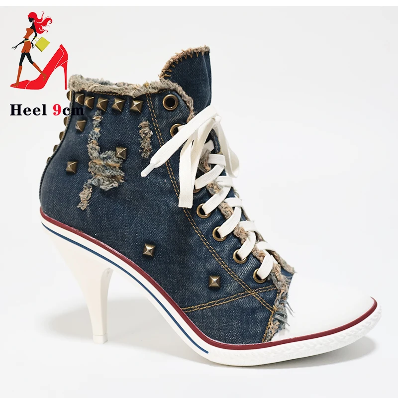 Denim Women Boots Design Stiletto 9CM High Heel Shoes Fashion Lady Lace up Pointed Ankle Boots Sexy High-heeled Thin Heel Shoes