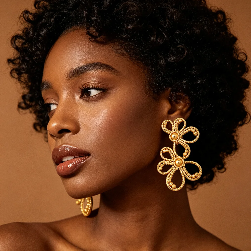 Women's 18K Gold Plated Double Flower Dangle Earrings & Ring Set