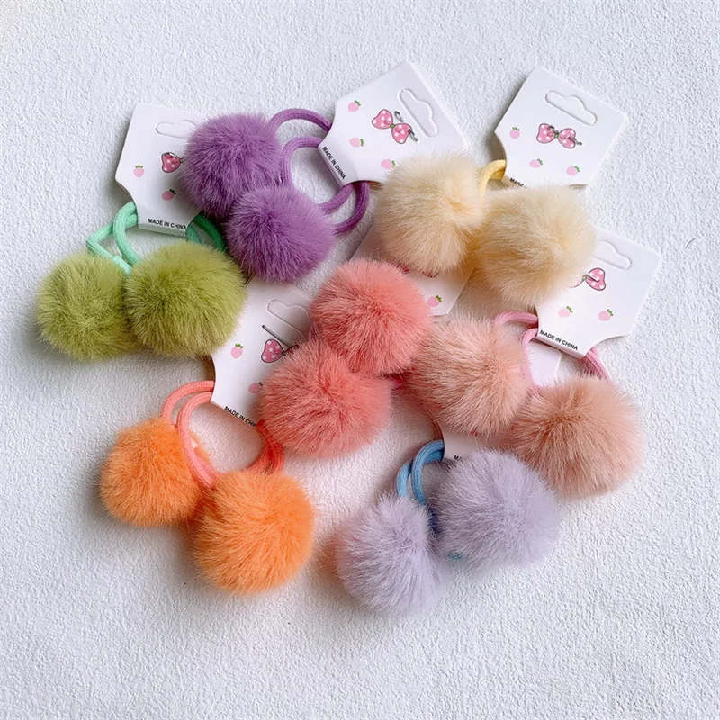 2pcs/set Kawaii Pompom Hair Tie For Girls Kid Elastic Plush Hair Rubber bands Baby Pink Ball Hair Rope child hairbands Cute Gift