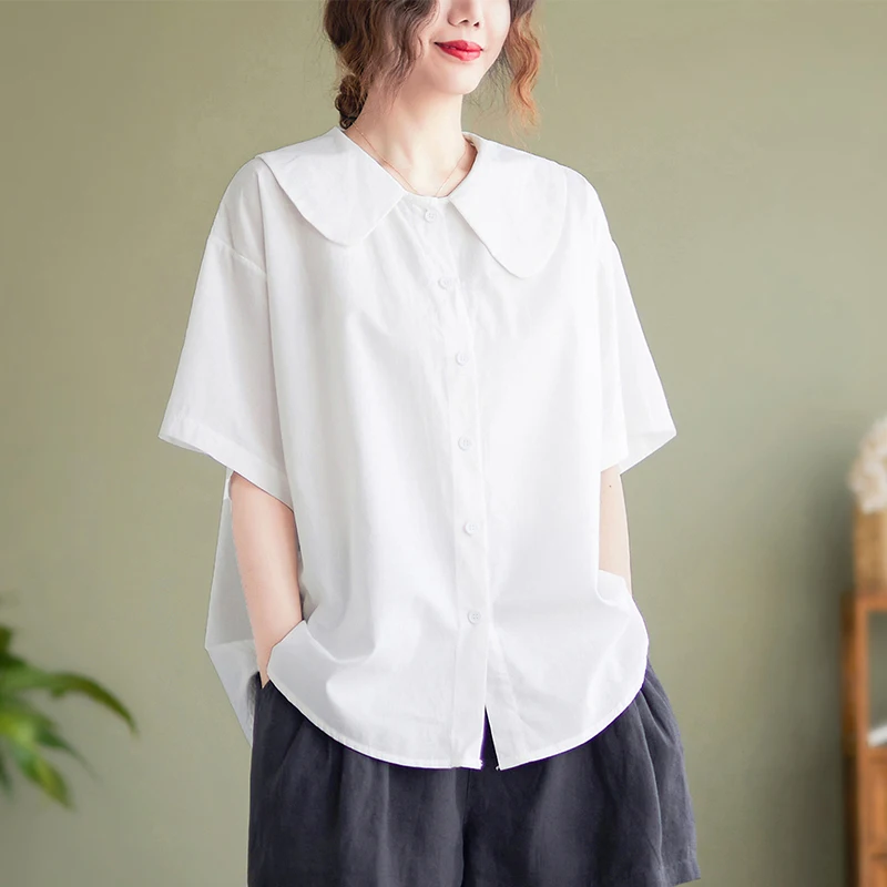 Casual Cotton Blend Doll Collar irt Women's Loose Fit Summer Top ort Sve Anti-Aging Slimming Korean Sle Commute Wear