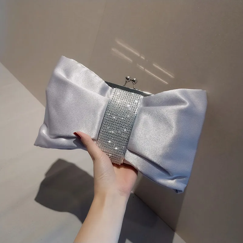 Bolso de noche con lazo de satén para mujer, bolso de mano con diamantes de imitación, bolso de hombro cruzado con cadena para fiesta de boda