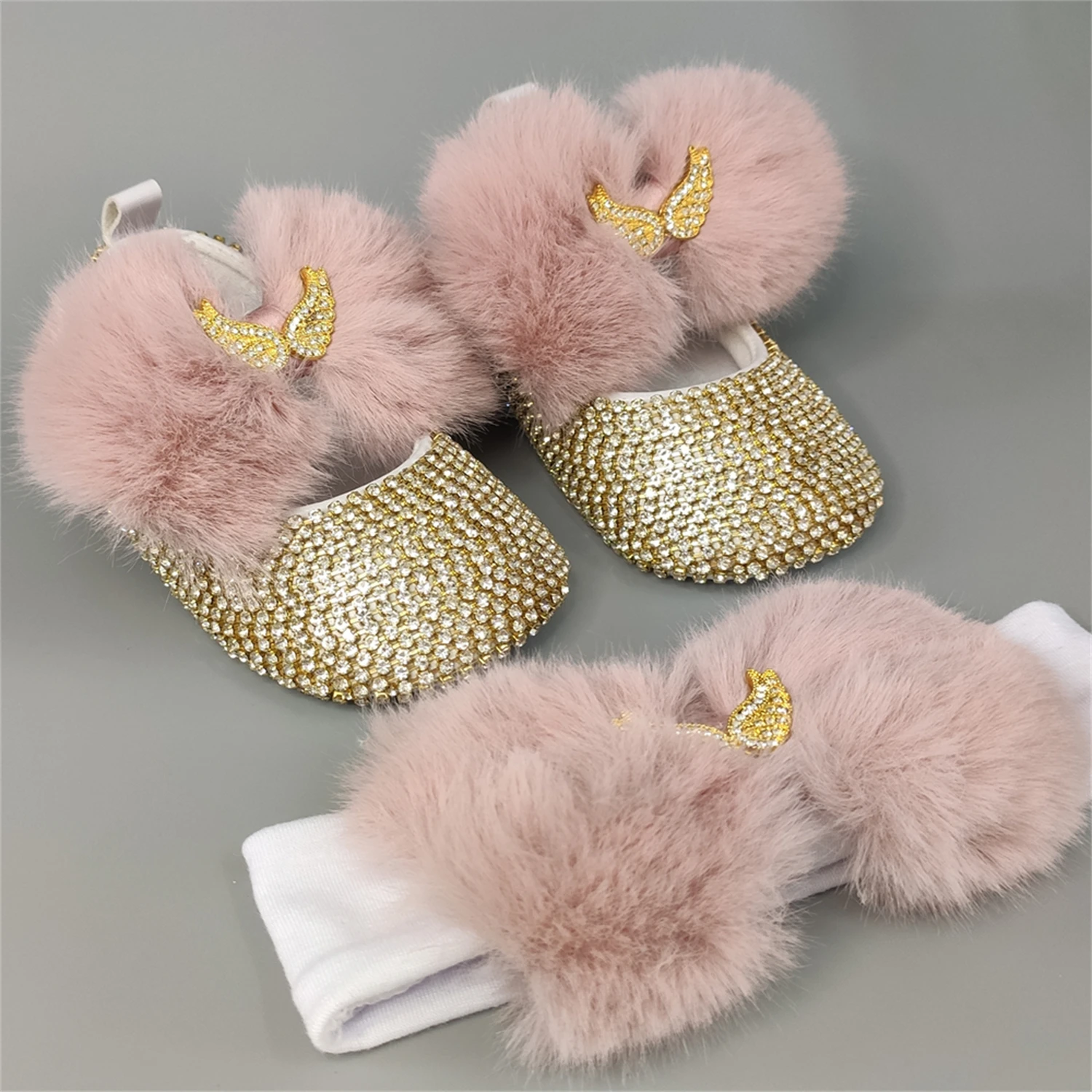 Dollbling Dusty Pink Feather Ball Fur Baby Shoes Headband Set Luxury Diamond Fluff Outfit Red Bottom Little Girl Baptism Shoes