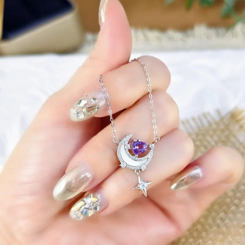 Chinese Style Good Luck Blessing S925 Sterling Silver Necklace Natural Crystal Heart Garnet Peridot Topaz Moon Star Pendant Clav