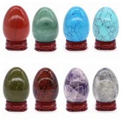 Natural Stone Egg With Wooden Base Quartz Reiki Ornament Healing Crystal Home Decorative Energy Gemstone Ore Mineral Decor Gift