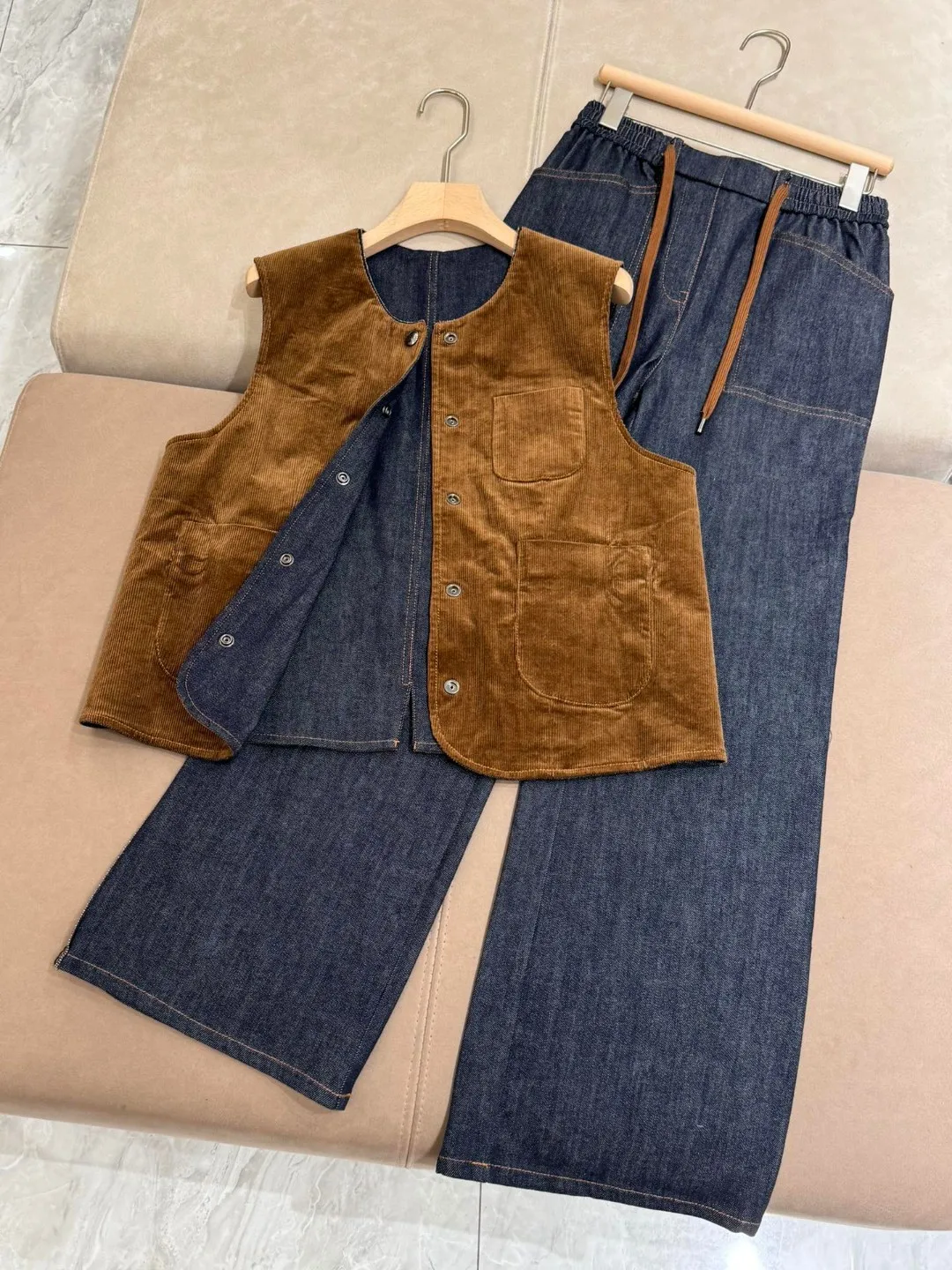 Autumn Women's Wide-leg Pants Suit Denim Corduroy Reversible Vest Jacket + Drawstring Trousers 2 Piece Set