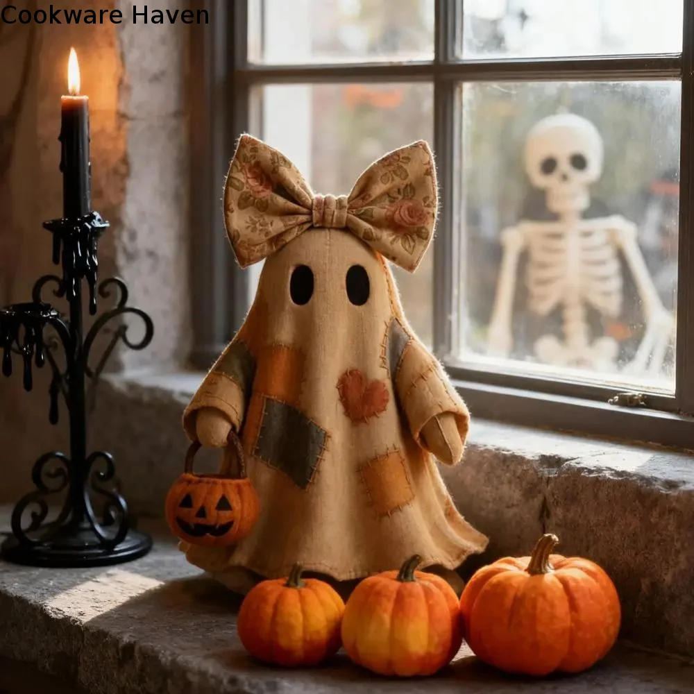 Vintage Style Patchwork Ghost Soft Pieced Fabric Neat Stitching Halloween Decoration Retro Patchwork Craft Matching Pumpkin