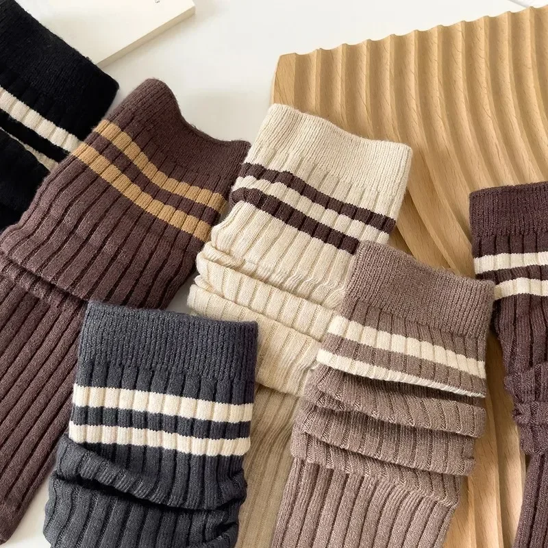 

New Ladies Socks Milk Tea Color Khaki Color Socks Fashion Autumn and Winter Striped Preppy Style Pile Socks