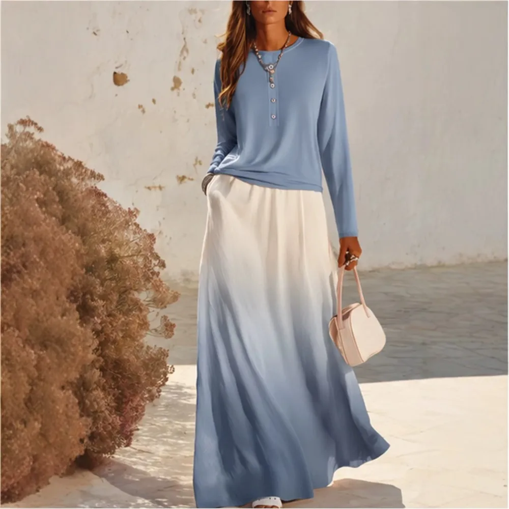Women Gradient Print Skirt Two Piece Sets Autumn Solid O-neck Long Sleeve T Shirt Top & Long Skirt Casual Vacation Matching Set