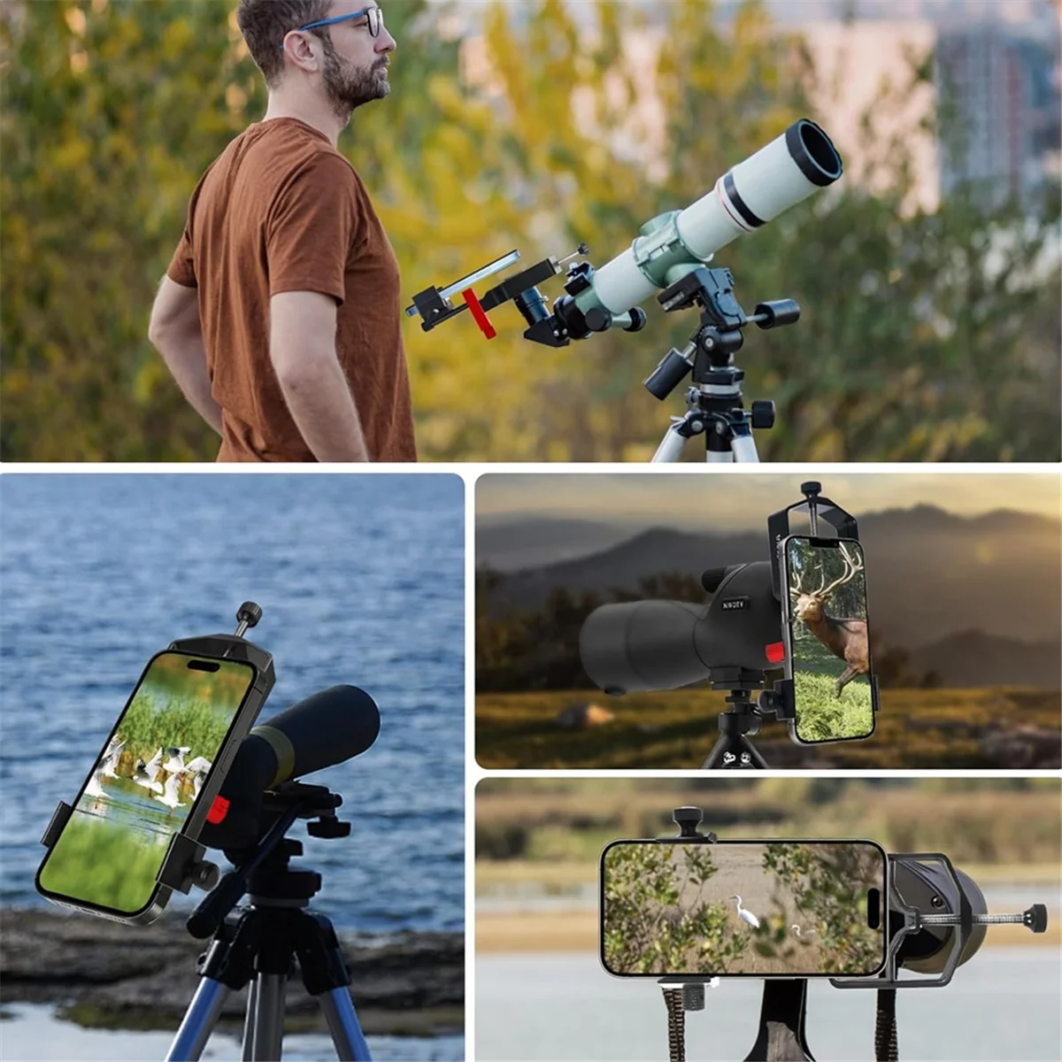 

Fashion Universal Phone Scope Digiscope Adapter Metal Telescope Mount 3Axis Smartphone Holder for Spotting Scope with Remote