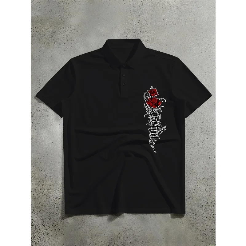 [Polo Shirt for Men] Retro Punk Style 'Los Angeles' Rose Gothic Print Short-Sleeve Polo Shirt for Men
