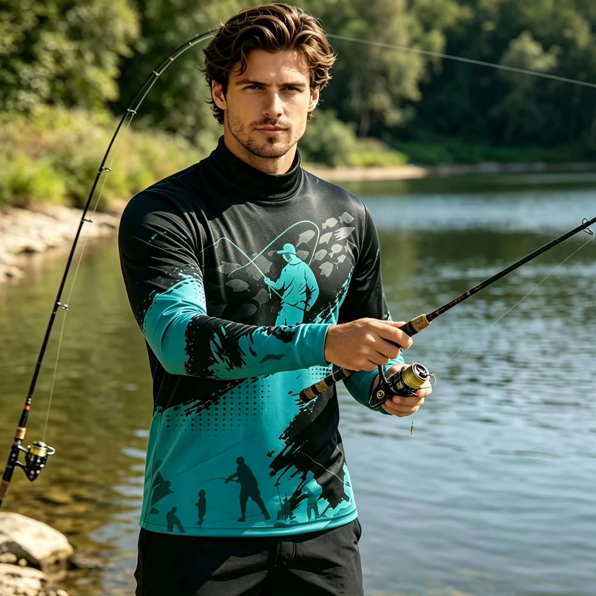 Outdoor Men Functional Fishing Shirt Lightweight Brush Stroke Fisher Figure Print Mock Neck Long Sleeve Top For Angling Camping