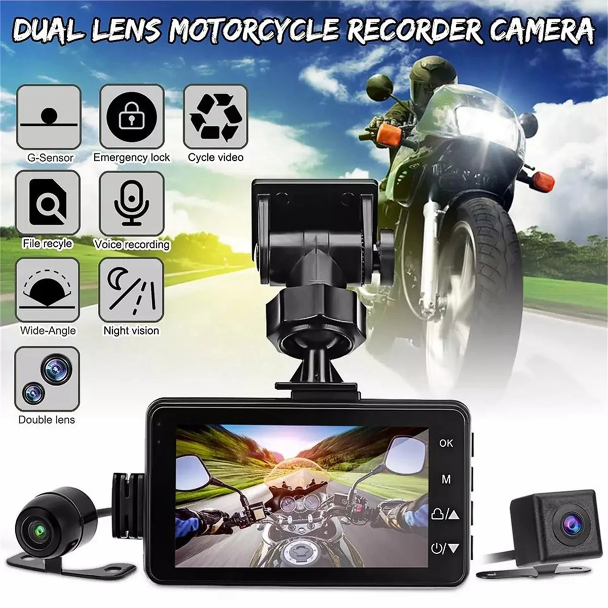 Motorcycle DVR Dash Camera with Front Rear Camera Dual Video Loop Recording Waterproof Motorbike Driving Recorder Cam